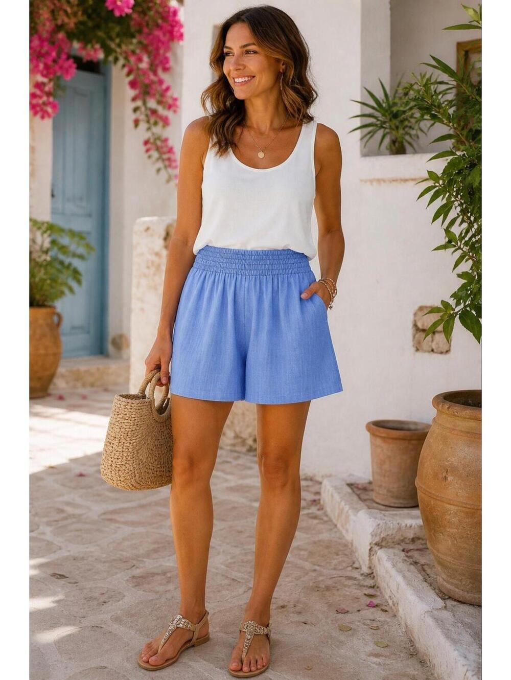 New Directions Chambray Blue Smocked Waist Shorts XL Lined Flowy NWT